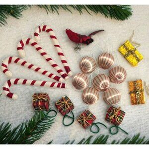 Vintage Christmas Tree Ornaments Lot Candy Canes Balls Gift Boxes Red Bird MCM